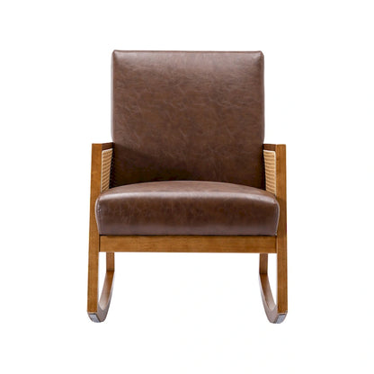 SEYNAR Modern PU Leather Rocking Chair with Rattan Arms