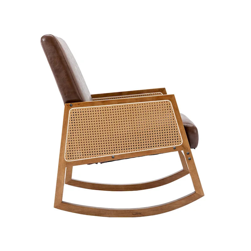 SEYNAR Modern PU Leather Rocking Chair with Rattan Arms
