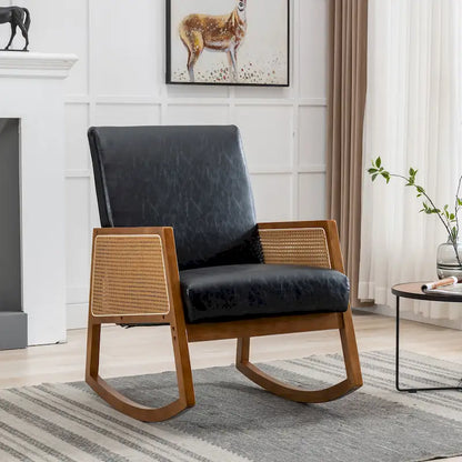 SEYNAR Modern PU Leather Rocking Chair with Rattan Arms