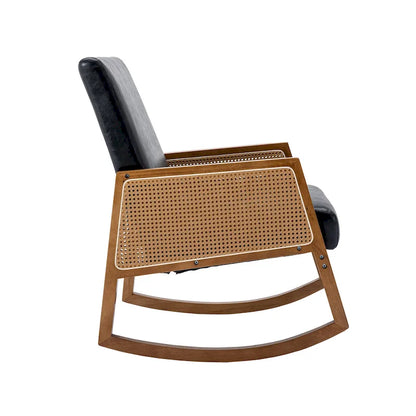 SEYNAR Modern PU Leather Rocking Chair with Rattan Arms