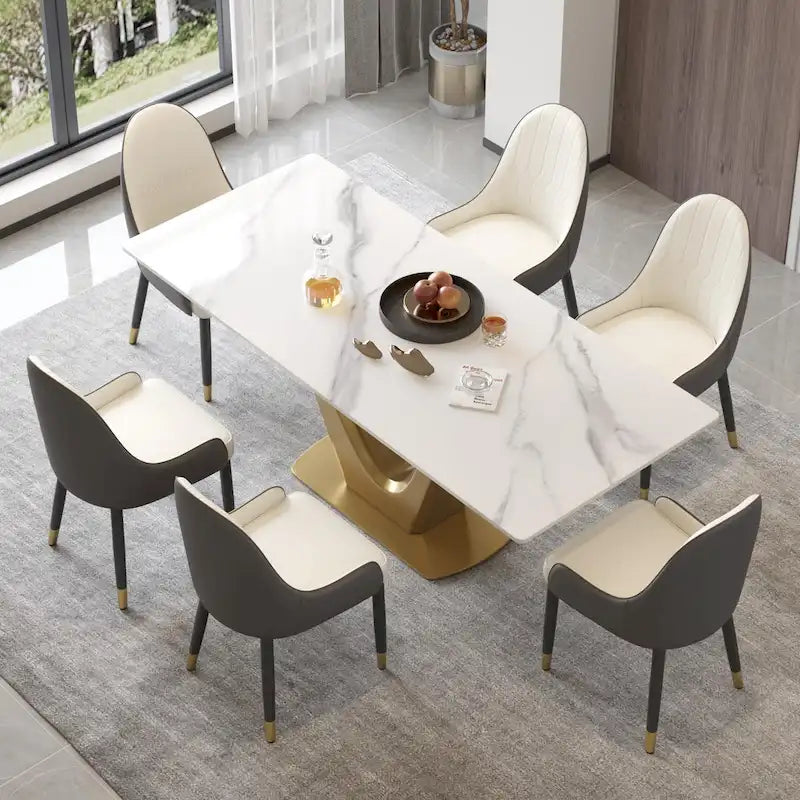 V Shape Pedestal Modern Marble Dining Table Slate Kitchen Table