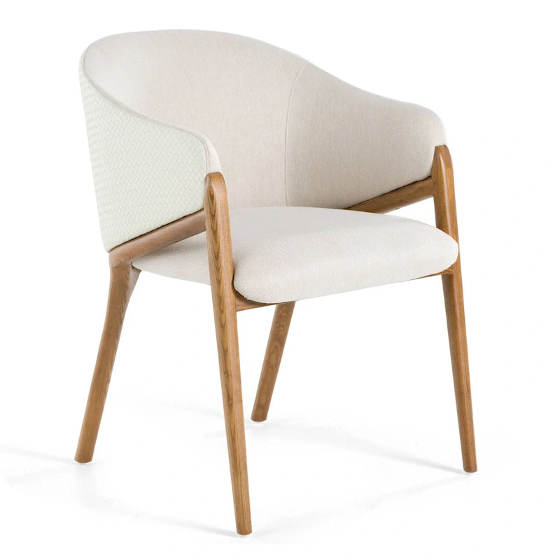 Modrest Lunde Cream Fabric, Cream Vegan Leather and Walnut Dining Arm Chair
