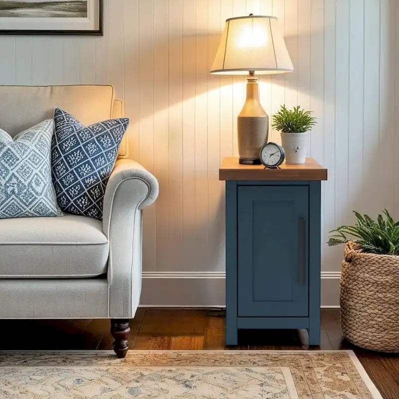 Bridgevine Home Nantucket 14 inch Chairside Table, No Assembly Required, Blue Denim and Whiskey Finish