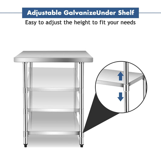 Stainless Steel Commercial Prep and Work Table with Adjustable Shelf