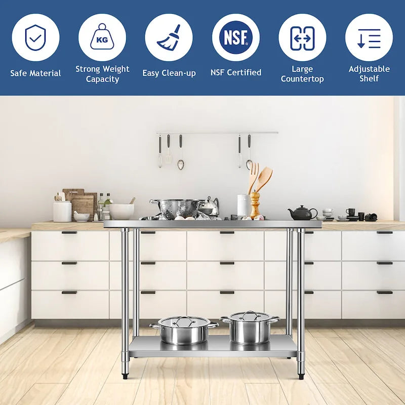 Stainless Steel Commercial Prep and Work Table with Adjustable Shelf