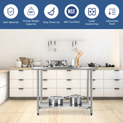 Stainless Steel Commercial Prep and Work Table with Adjustable Shelf