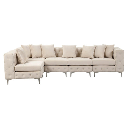 Large L-Shaped Modular Sofa, 5-Seat Velvet Sectional Couch