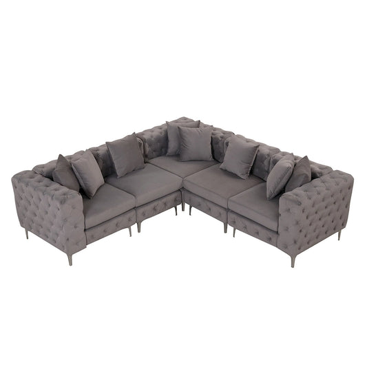 Large L-Shaped Modular Sofa, 5-Seat Velvet Sectional Couch