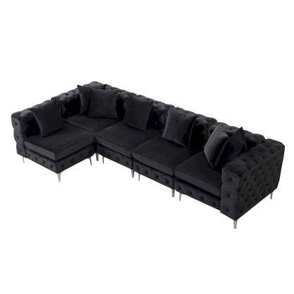 Large L-Shaped Modular Sofa, 5-Seat Velvet Sectional Couch
