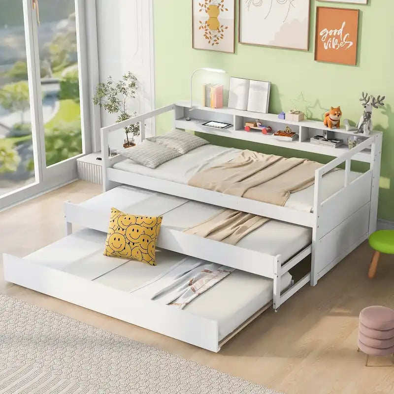 Twin XL Wood Daybed with 2 Trundles and USB Charging Design