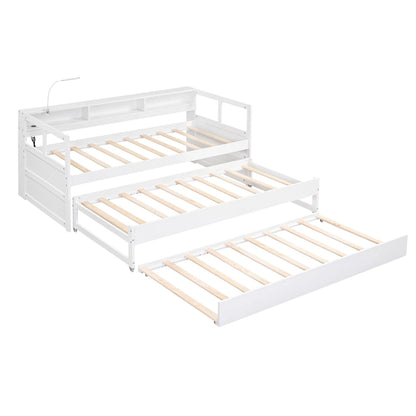 Twin XL Wood Daybed with 2 Trundles and USB Charging Design