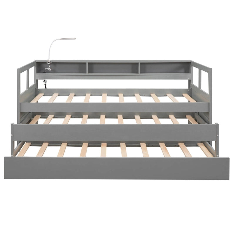 Twin XL Wood Daybed with 2 Trundles and USB Charging Design