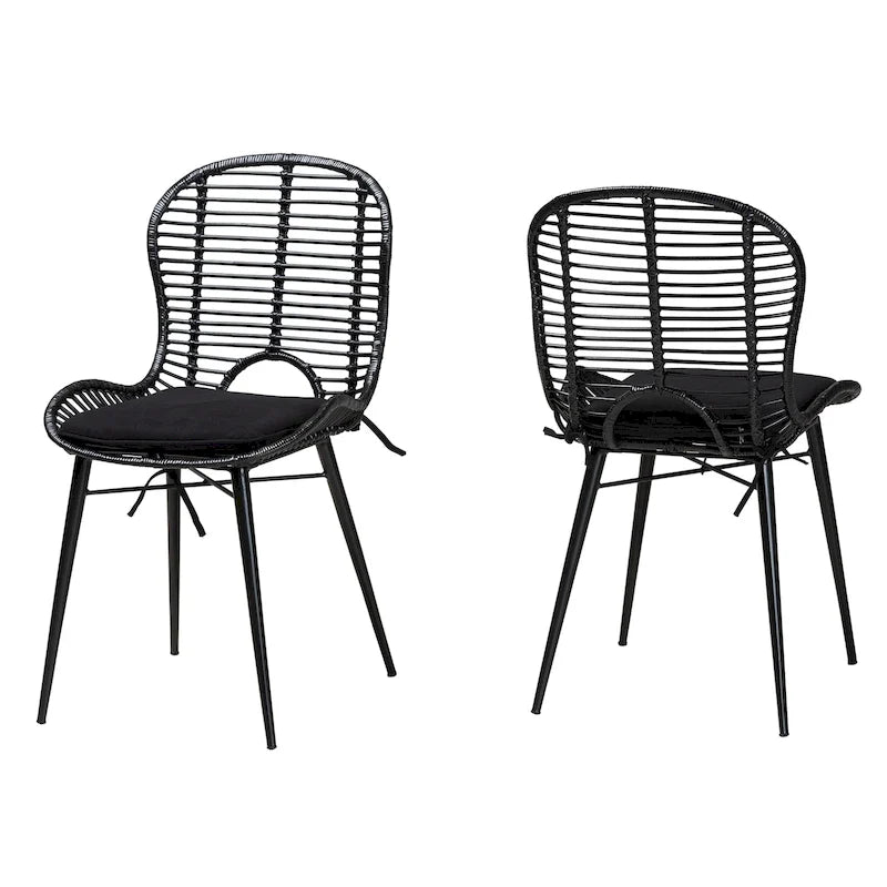 Brenna Modern Bohemian Rattan and Metal 2-Piece Dining Chair Set