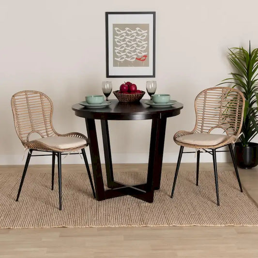 Brenna Modern Bohemian Rattan and Metal 2-Piece Dining Chair Set