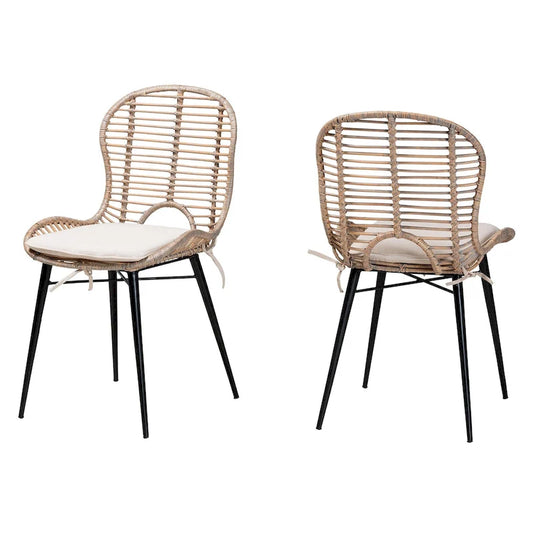 Brenna Modern Bohemian Rattan and Metal 2-Piece Dining Chair Set