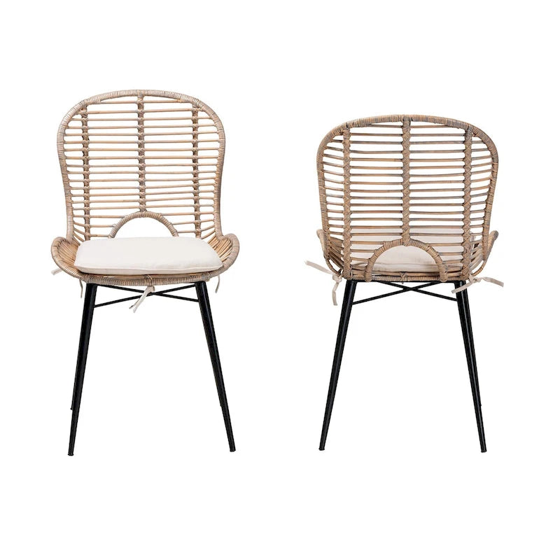 Brenna Modern Bohemian Rattan and Metal 2-Piece Dining Chair Set