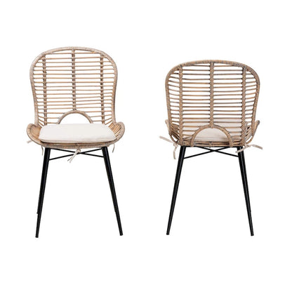 Brenna Modern Bohemian Rattan and Metal 2-Piece Dining Chair Set