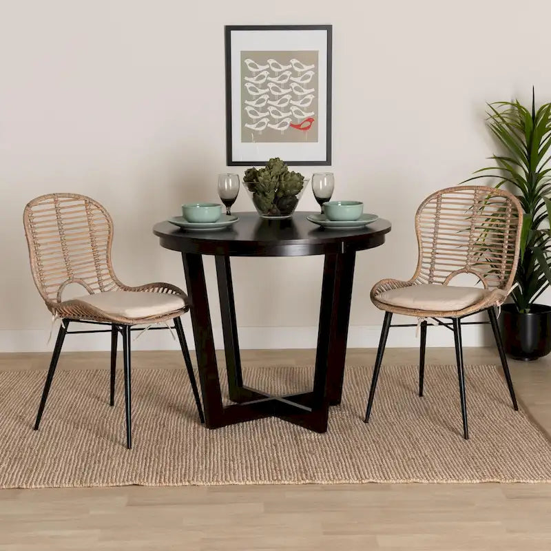 Brenna Modern Bohemian Rattan and Metal 2-Piece Dining Chair Set