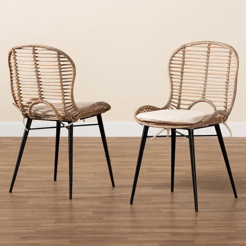 Brenna Modern Bohemian Rattan and Metal 2-Piece Dining Chair Set