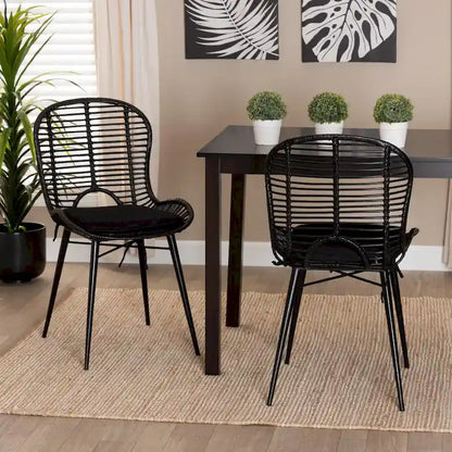 Brenna Modern Bohemian Rattan and Metal 2-Piece Dining Chair Set