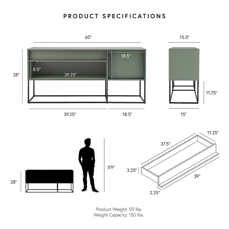 DH BASIC Modern 60-inch 16 Colors LED TV Stand with One Drawer and Metal Legs by Denhour
