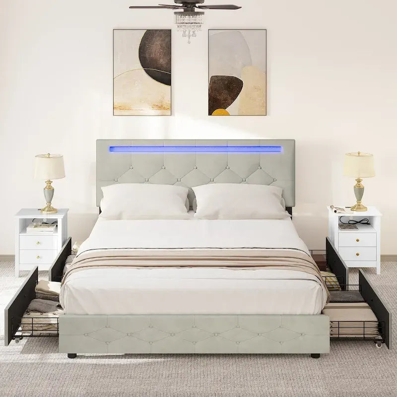 Adjustable Upholstered Headboard Platform Bed with LED light and USB Charging