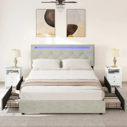 Adjustable Upholstered Headboard Platform Bed with LED light and USB Charging