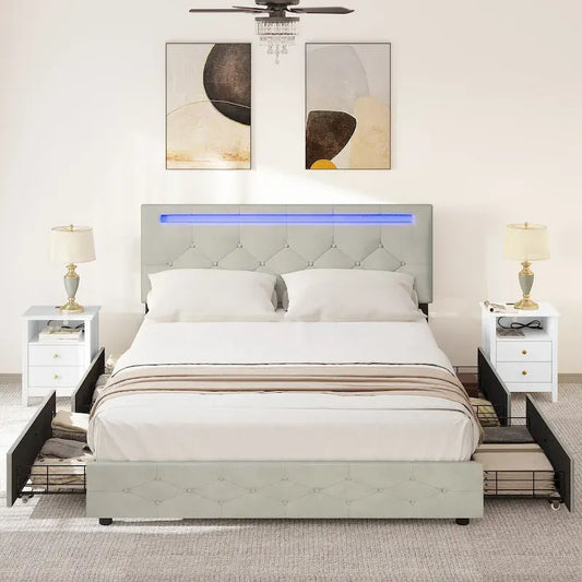 Adjustable Upholstered Headboard Platform Bed with LED light and USB Charging