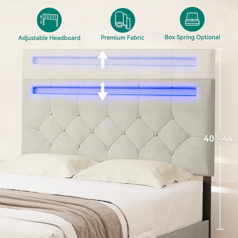 Adjustable Upholstered Headboard Platform Bed with LED light and USB Charging