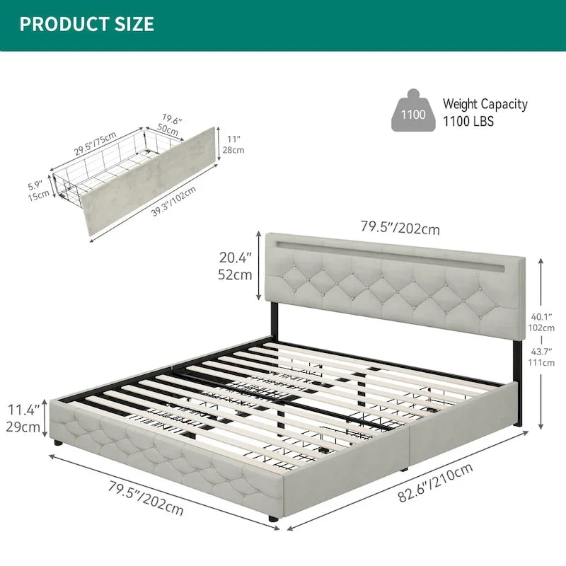 Adjustable Upholstered Headboard Platform Bed with LED light and USB Charging