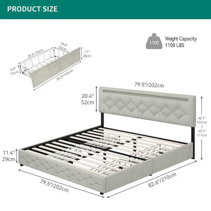 Adjustable Upholstered Headboard Platform Bed with LED light and USB Charging