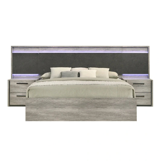 Roundhill Furniture Lenca LED Wallbed with Nightstands - Weathered Gray