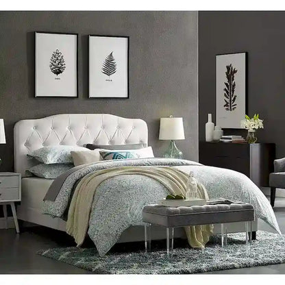 Dayton Full Size White Leather Platform Bed with Button Tufted Headboard