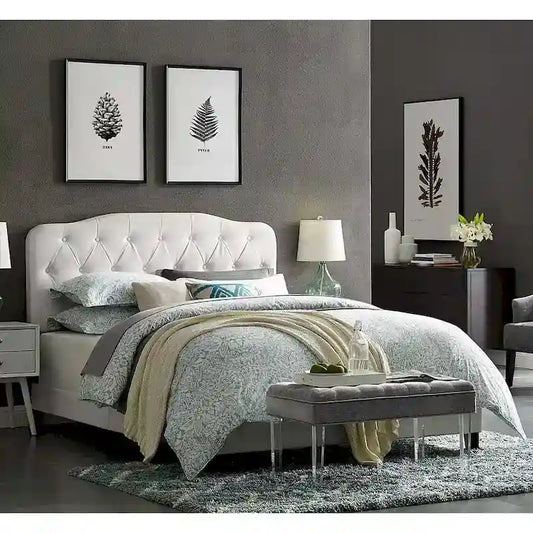 Dayton Full Size White Leather Platform Bed with Button Tufted Headboard