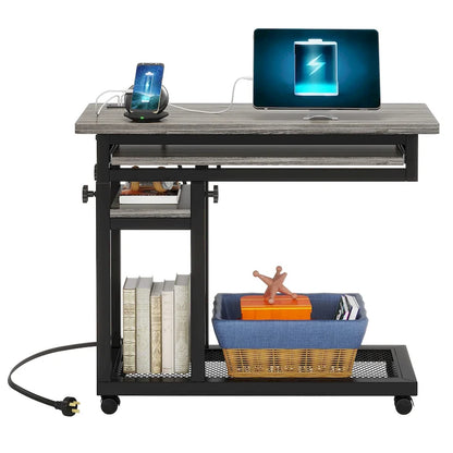 Height Adjustable Small Portable Desk, C Side Table with Outlet and USB Ports