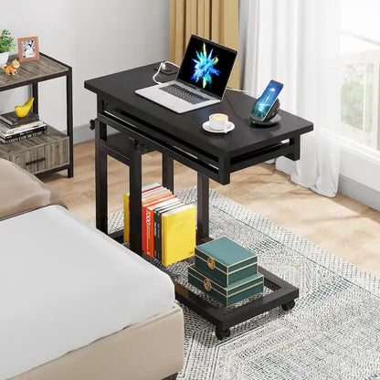 Height Adjustable Small Portable Desk, C Side Table with Outlet and USB Ports