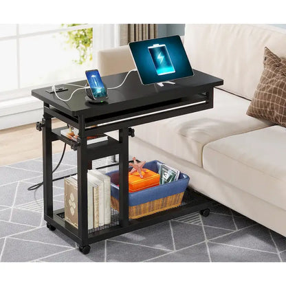 Height Adjustable Small Portable Desk, C Side Table with Outlet and USB Ports