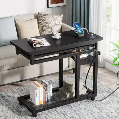 Height Adjustable Small Portable Desk, C Side Table with Outlet and USB Ports