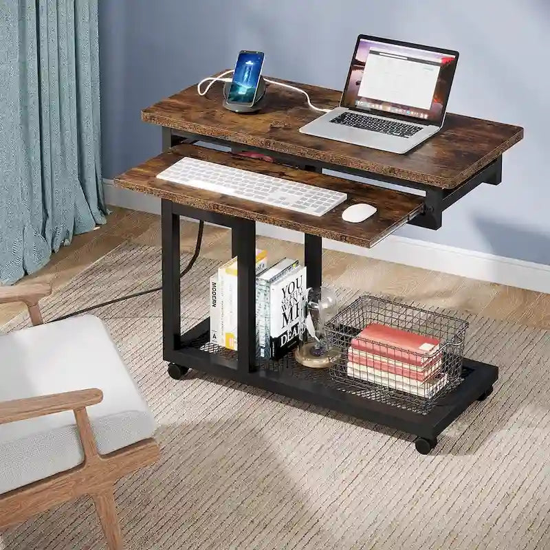 Height Adjustable Small Portable Desk, C Side Table with Outlet and USB Ports