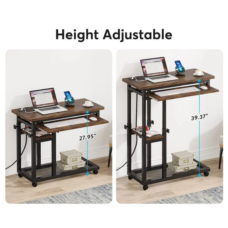 Height Adjustable Small Portable Desk, C Side Table with Outlet and USB Ports