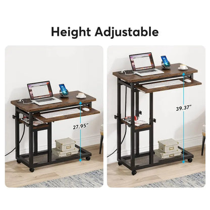 Height Adjustable Small Portable Desk, C Side Table with Outlet and USB Ports