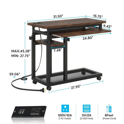 Height Adjustable Small Portable Desk, C Side Table with Outlet and USB Ports