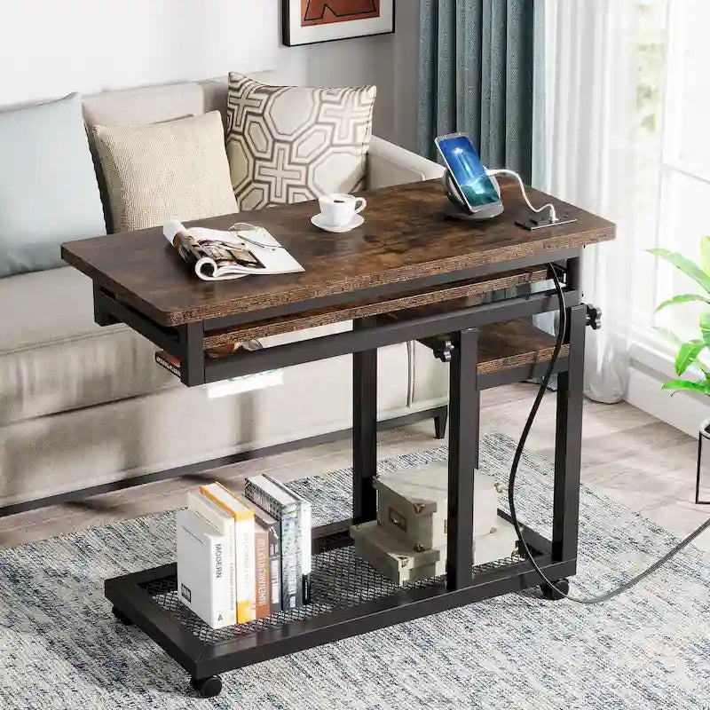 Height Adjustable Small Portable Desk, C Side Table with Outlet and USB Ports