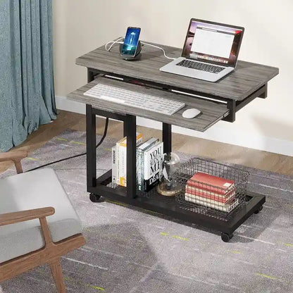 Height Adjustable Small Portable Desk, C Side Table with Outlet and USB Ports