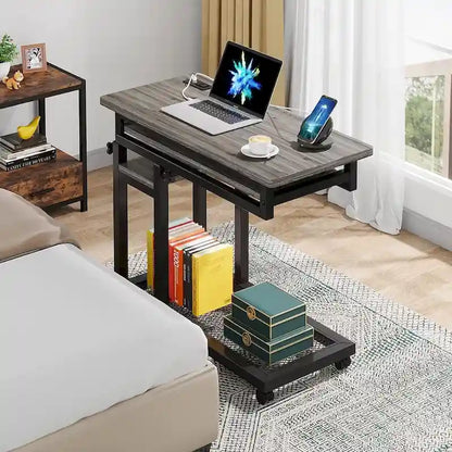Height Adjustable Small Portable Desk, C Side Table with Outlet and USB Ports