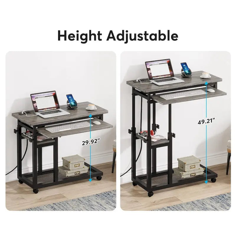 Height Adjustable Small Portable Desk, C Side Table with Outlet and USB Ports