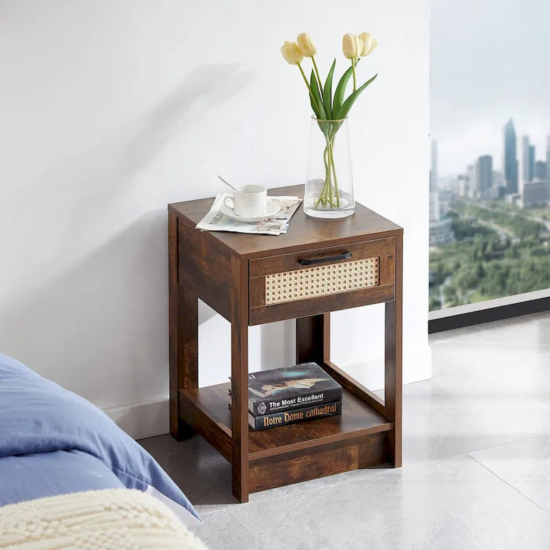 15.75 Rattan End table with drawer, Modern nightstand, side table for living roon, bedroom,natural
