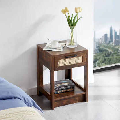 15.75 Rattan End table with drawer, Modern nightstand, side table for living roon, bedroom,natural