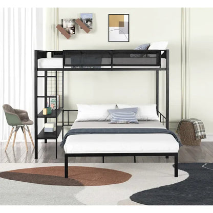 Metal Twin over Full Bunk with Shelves & Grid Panel/ Sturdy Metal Bed Frame Separated Full size Bed