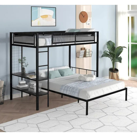 Metal Twin over Full Bunk with Shelves & Grid Panel/ Sturdy Metal Bed Frame Separated Full size Bed